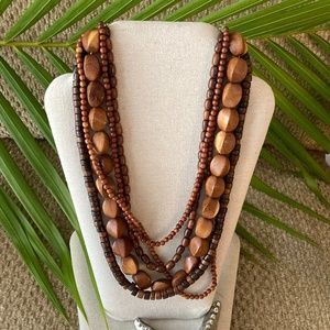 🌺WOOD Polished Bead 5-Strand BOHO Necklace Adjustable